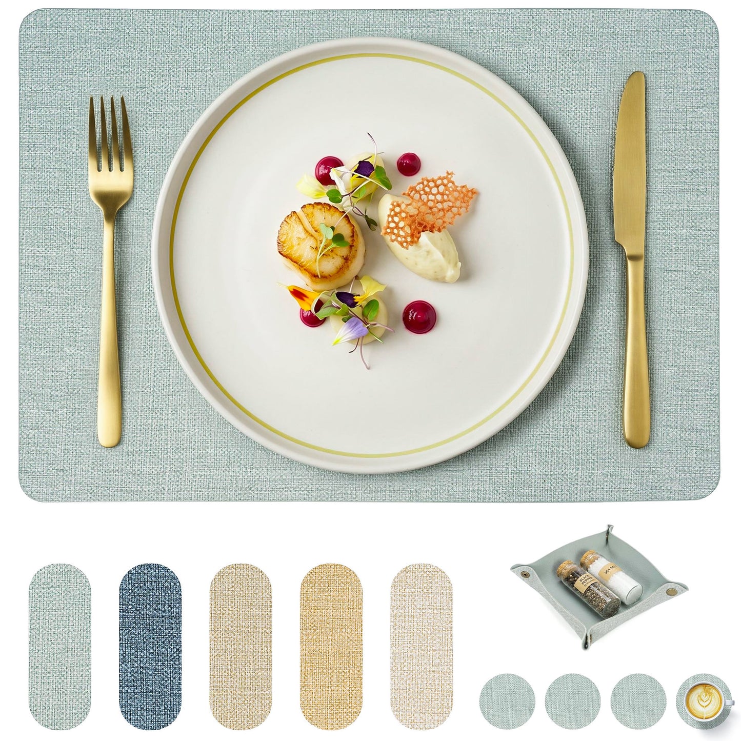 Platzsets aus veganem Leinen-Leder mit Untersetzern und Box