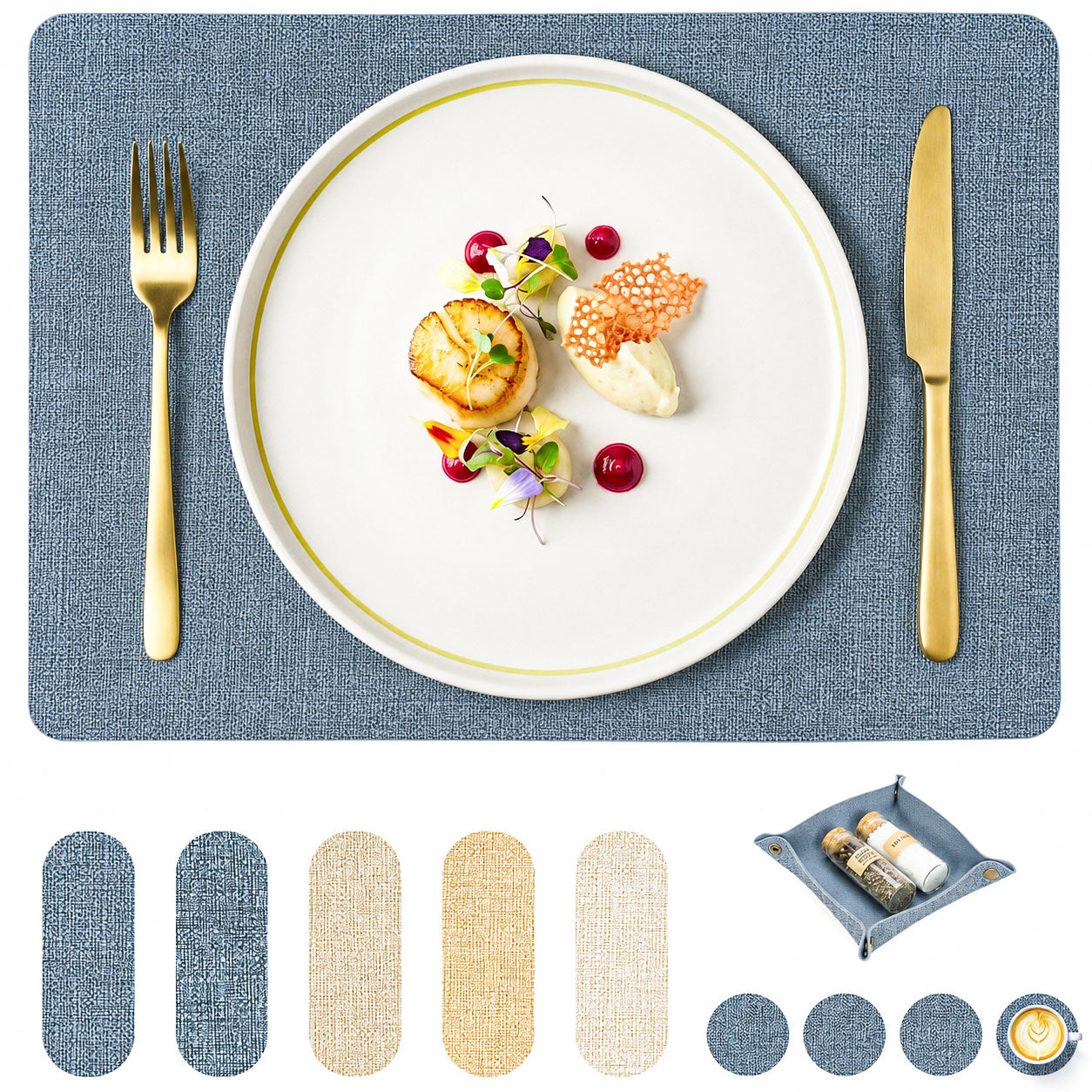 Platzsets aus veganem Leinen-Leder mit Untersetzern und Box