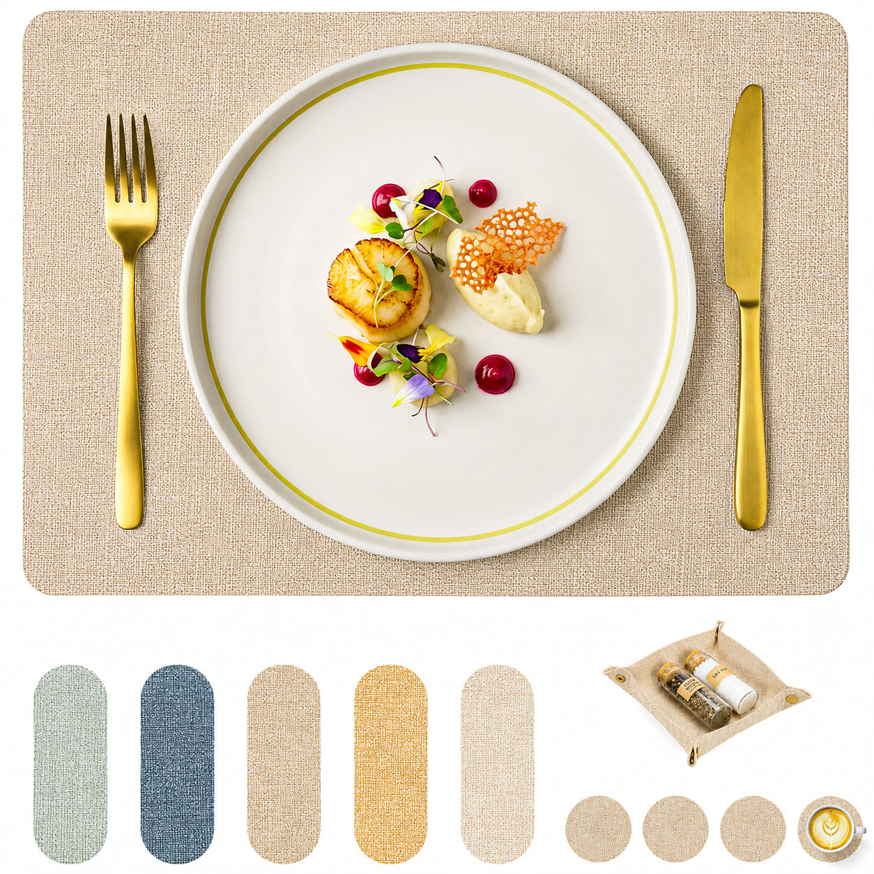 Platzsets aus veganem Leinen-Leder mit Untersetzern und Box