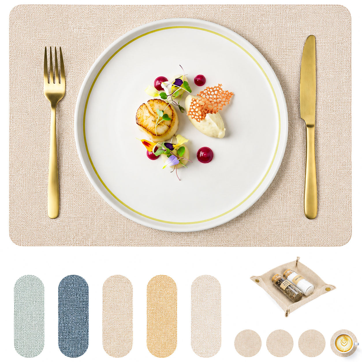 Platzsets aus veganem Leinen-Leder mit Untersetzern und Box