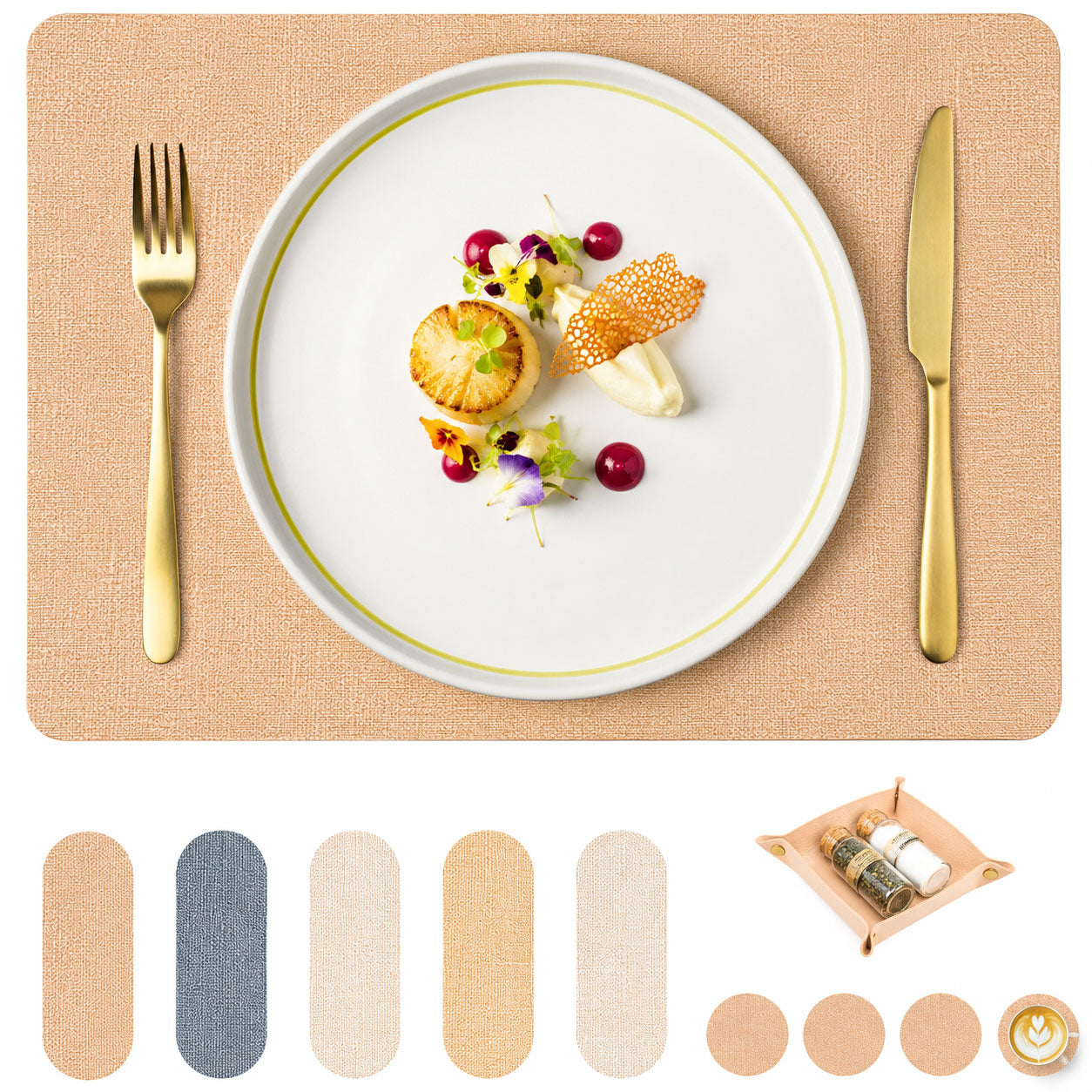 Platzsets aus veganem Leinen-Leder mit Untersetzern und Box